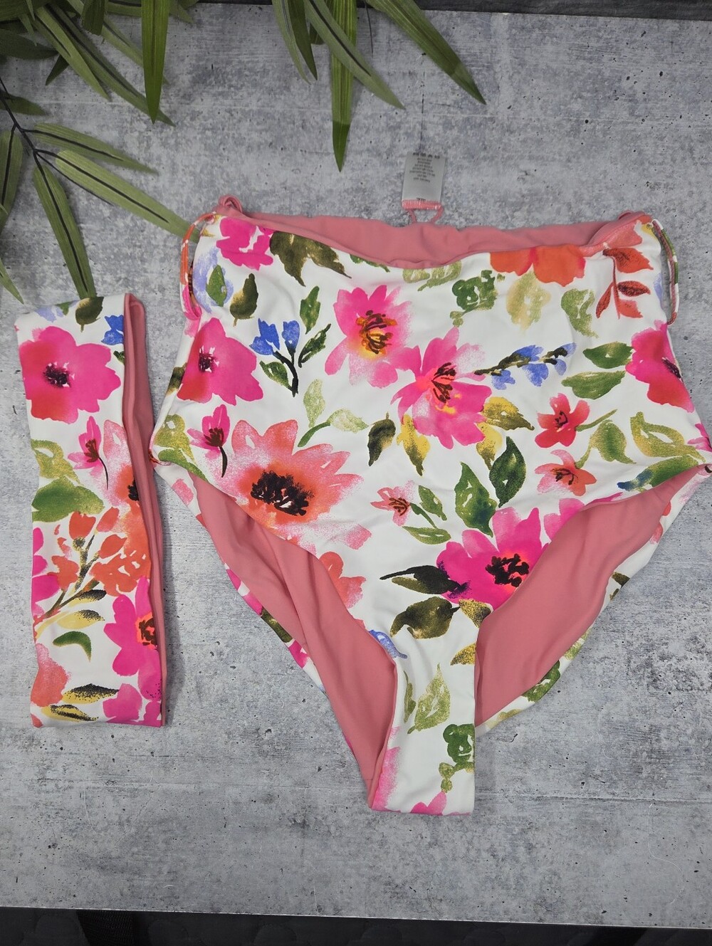NEW Coral Reef Solid Pink & Floral Reversible High Waist Swim Bottoms Size Small